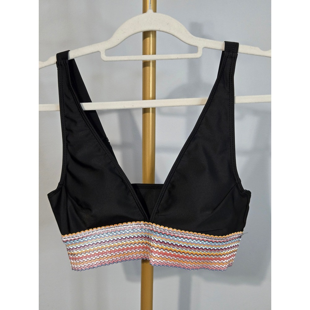 Blooming Jelly Black Bikini Top Multi Color Chevron Embroidered Band Medium
